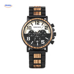 Bold rugged wooden chronograph watch showing sporty design.