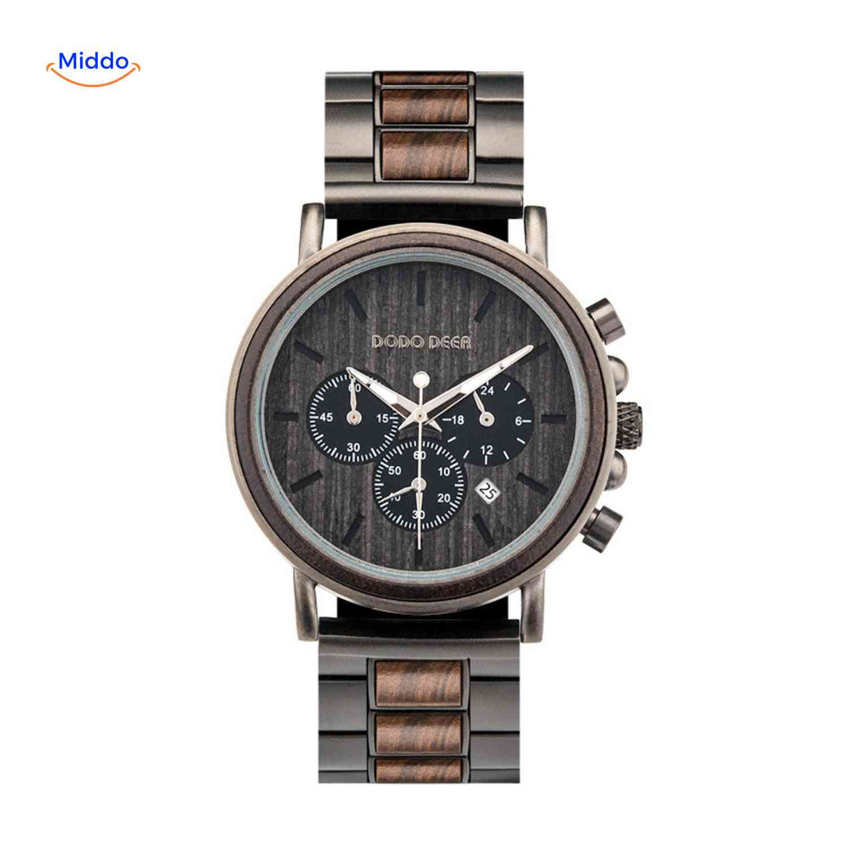 Dark wood finish wooden chronograph watch showcasing rich coloring.