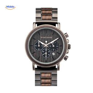 Dark wood finish wooden chronograph watch showcasing rich coloring.
