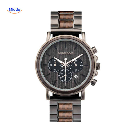 Dark wood finish wooden chronograph watch showcasing rich coloring.