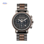 Dark wood finish wooden chronograph watch showcasing rich coloring.