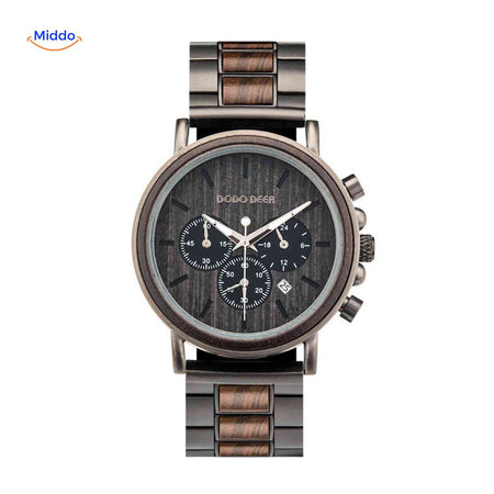 Dark wood finish wooden chronograph watch showcasing rich coloring.