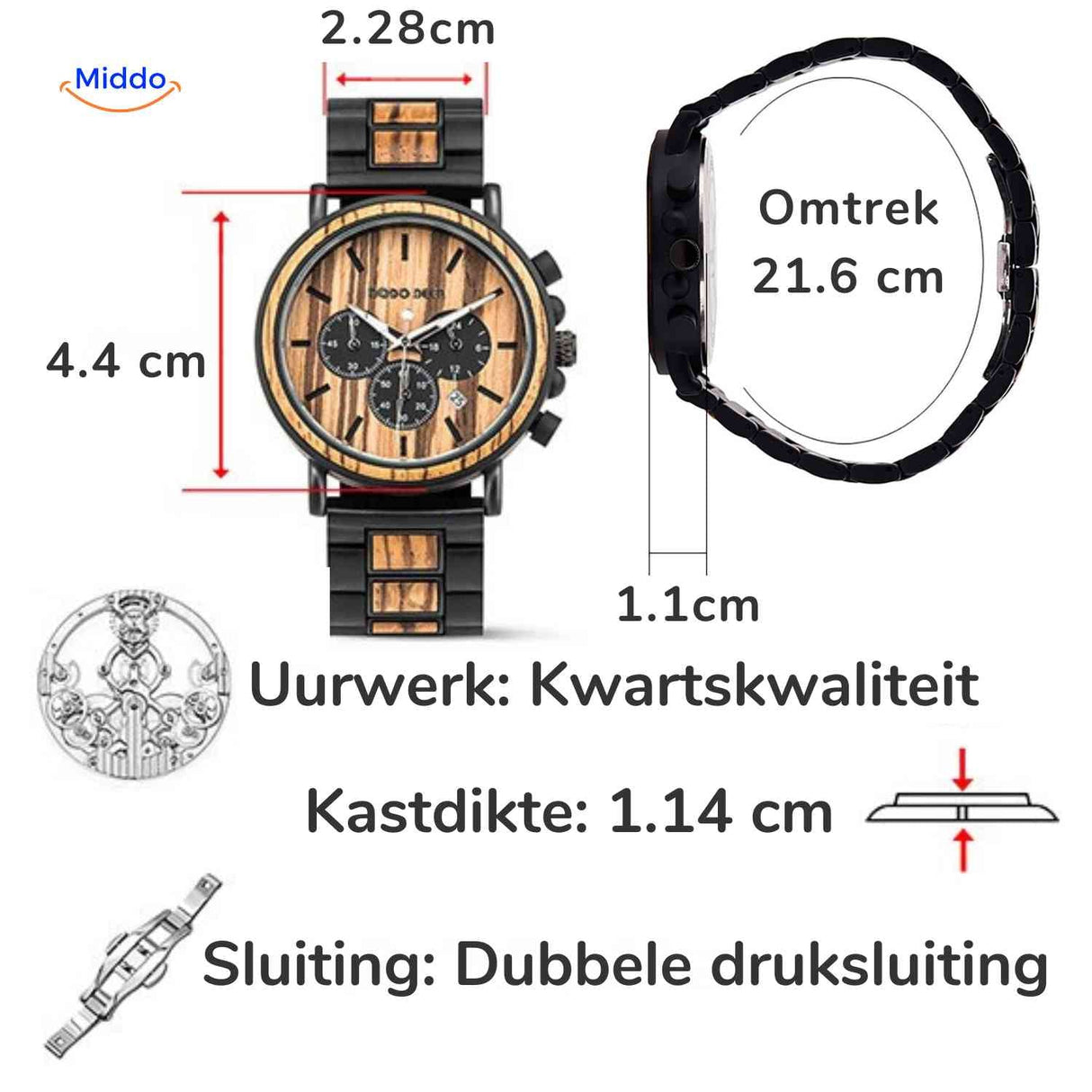Wooden chronograph watch dimensions and specifications chart.