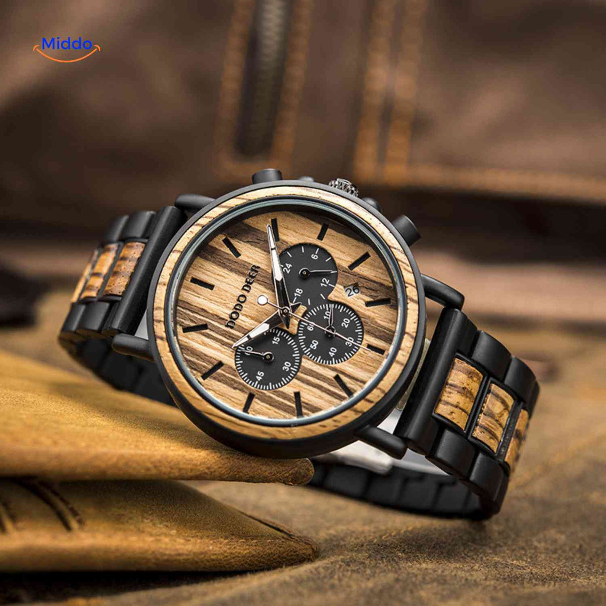 Wooden chronograph watch flat lay product shot showing full dial.