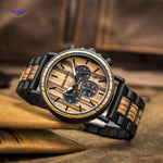 Wooden chronograph watch flat lay product shot showing full dial.