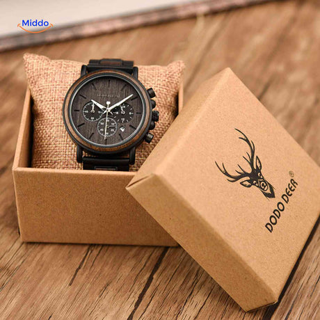Wooden chronograph watch packaged inside presentation gift box.