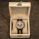 Wooden chronograph watch gift set with open presentation box.