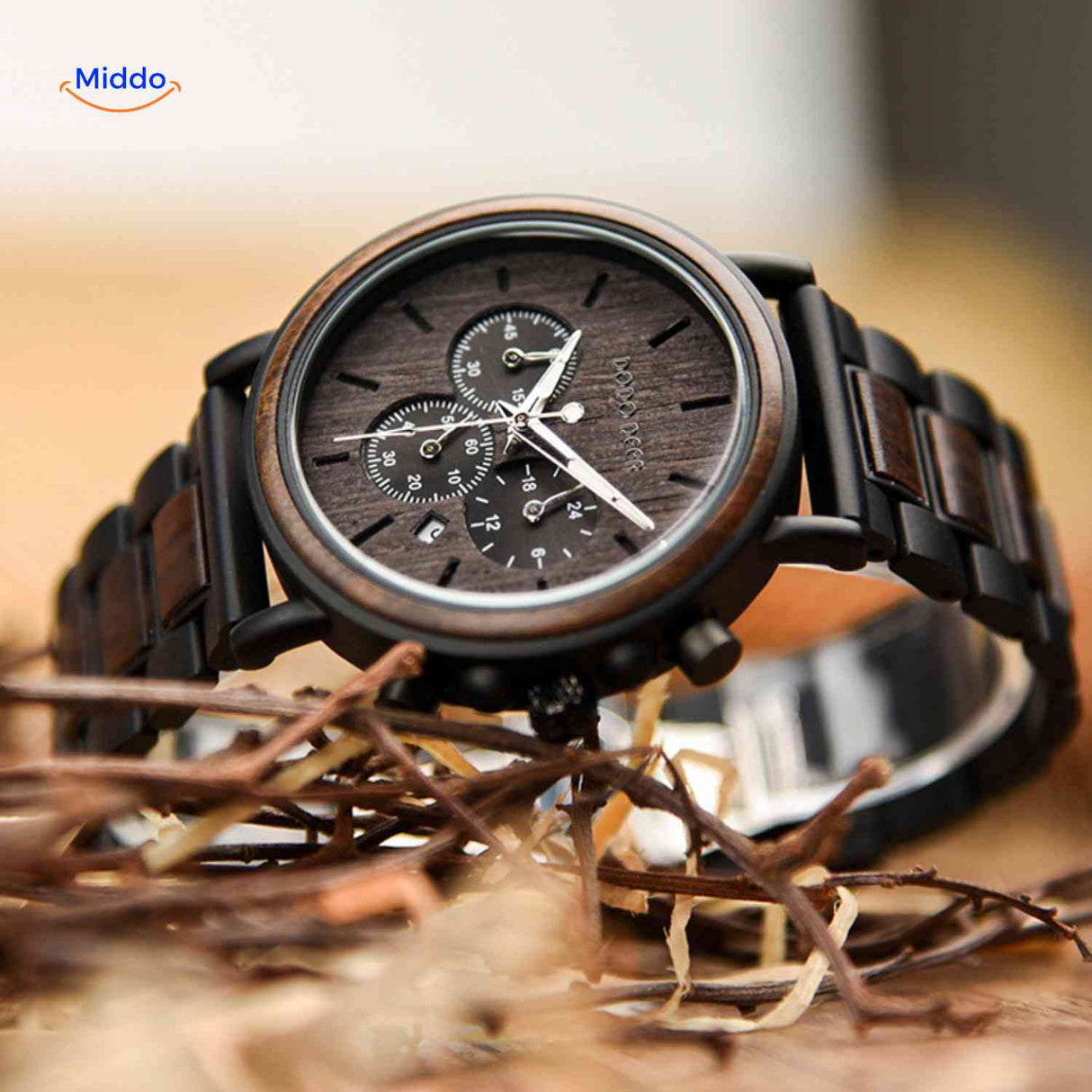 Wooden chronograph watch lifestyle closeup showing wood dial and chronograph dials.