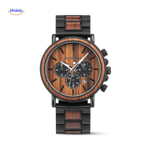 Wooden chronograph watch with light-colored dial closeup.