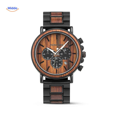 Wooden chronograph watch with light-colored dial closeup.