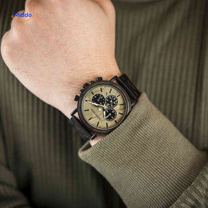 Light wood dial wooden chronograph watch displayed on wrist.
