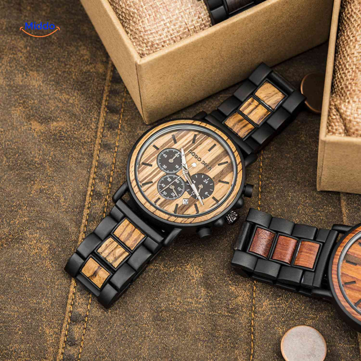 Light wood grain wooden chronograph watch showing natural wood texture detail.