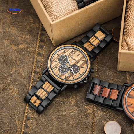 Light wood grain wooden chronograph watch showing natural wood texture detail.