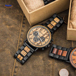 Light wood grain wooden chronograph watch showing natural wood texture detail.