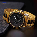 Luxury wooden chronograph watch professional product photograph.
