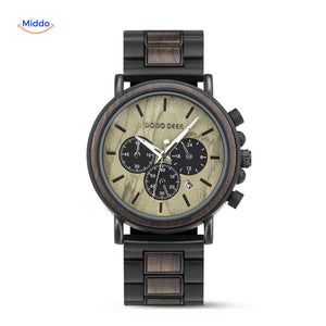 Minimalist wooden chronograph watch with clean simple design.