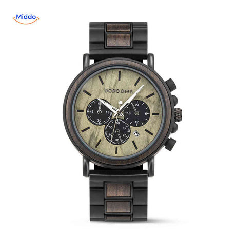Minimalist wooden chronograph watch with clean simple design.