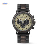Minimalist wooden chronograph watch with clean simple design.