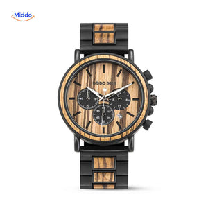 Wooden chronograph watch with natural authentic wood grain pattern.