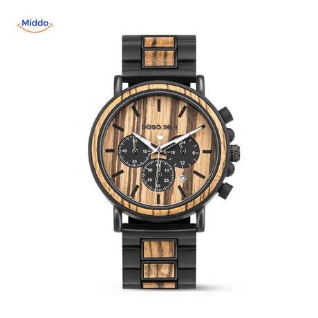 Wooden chronograph watch with natural authentic wood grain pattern.