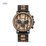 Wooden chronograph watch with natural authentic wood grain pattern.