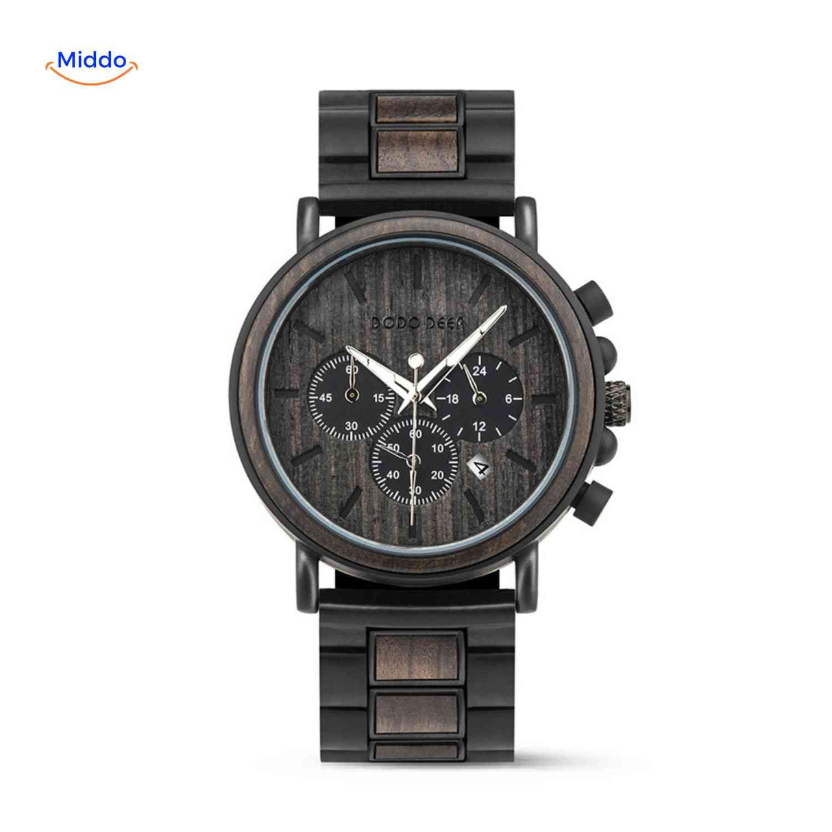 Wooden chronograph watch with textured dial surface detail.