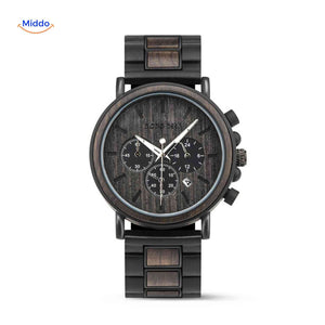 Wooden chronograph watch with textured dial surface detail.