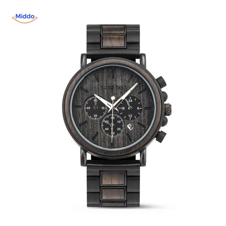 Wooden chronograph watch with textured dial surface detail.