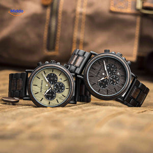 Two wooden chronograph watch variants displayed together showing color options.