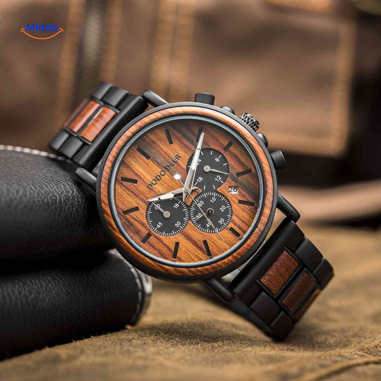 Warm-toned wooden chronograph watch closeup highlighting dial and wood finish.