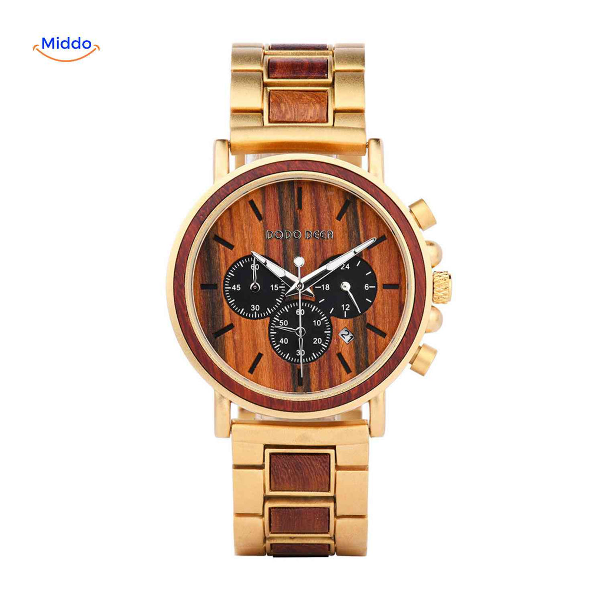 Wooden chronograph timepiece featuring date function display.