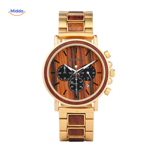 Wooden chronograph timepiece featuring date function display.