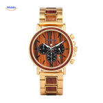 Wooden chronograph timepiece featuring date function display.