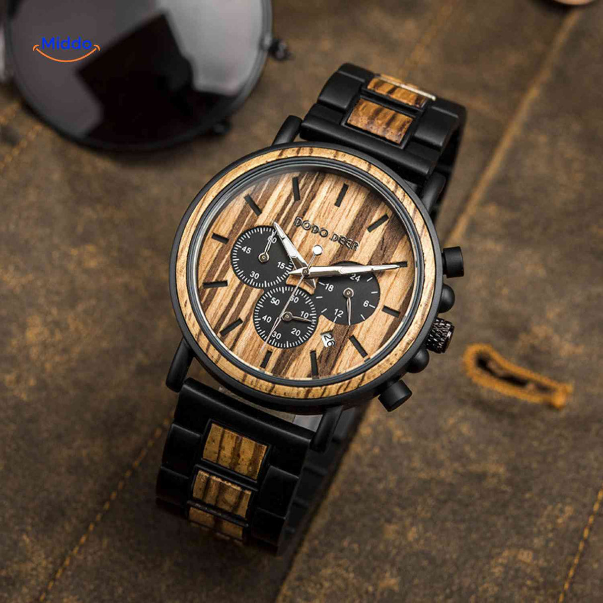 Wooden chronograph watch with visible natural wood grain structure.