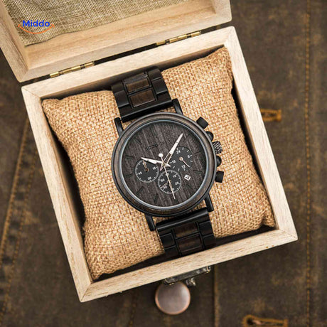 Wooden chronograph watch presented in premium wooden gift box.