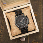 Wooden chronograph watch presented in premium wooden gift box.