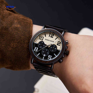 Wooden chronograph timepiece worn on wrist showing fit and everyday style.
