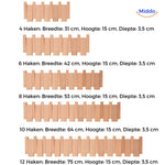 Dimensional size chart displaying all piano coat rack wood variants.