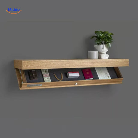 Natural wood floating shelf with dedicated storage for jewelry and documents.