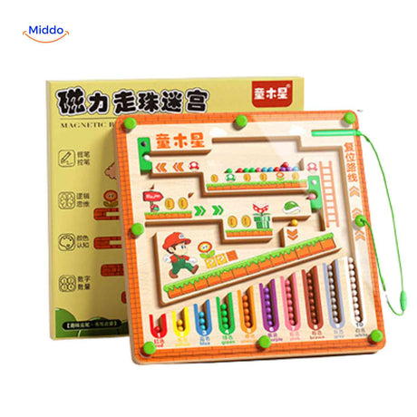 Wooden magnetic labyrinth toy for developing problem-solving skills.