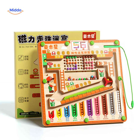 Magnetic wooden maze game for developing logical thinking skills.