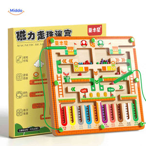 Wooden magnetic maze game for educational child development.