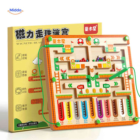 Wooden magnetic maze game for educational child development.