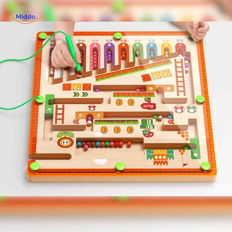 Wooden magnetic maze educational game for early learning.