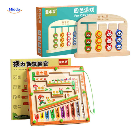 Wooden magnetic maze with numbers and color learning features.