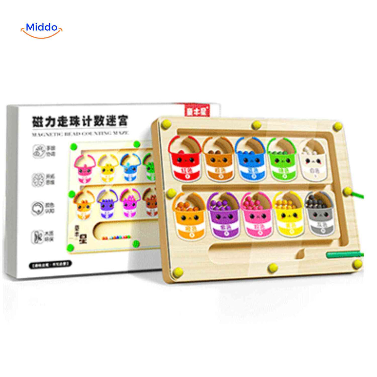 Magnetic maze with color and number sorting activities.