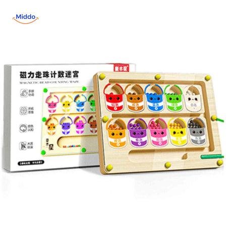 Magnetic maze with color and number sorting activities.
