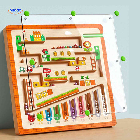 Wooden frame with magnetic bead maze and clear acrylic top.