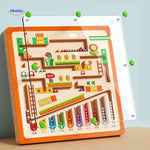 Wooden frame with magnetic bead maze and clear acrylic top.