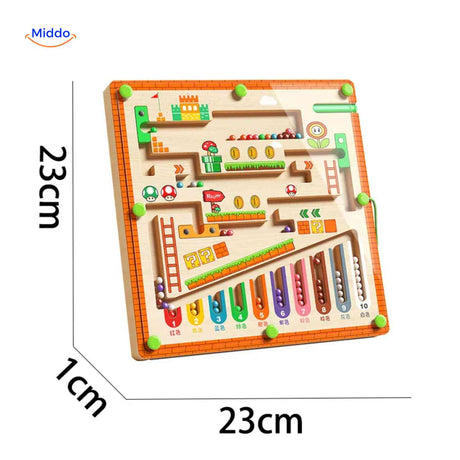 Wooden magnetic bead maze with 23x23cm dimensions.